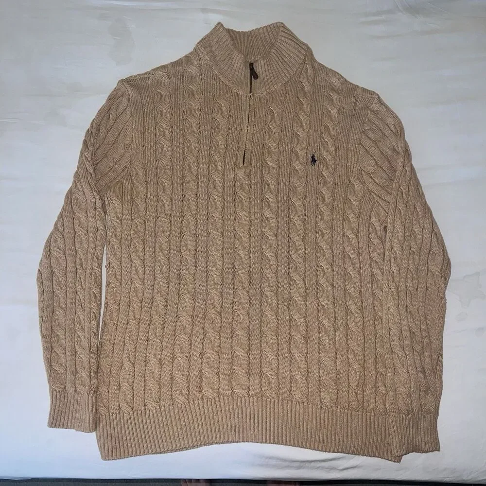 Polo Ralph Lauren Men’s Cable Knit Cotton Quarter Zip Sweater Camel Melange XLT
